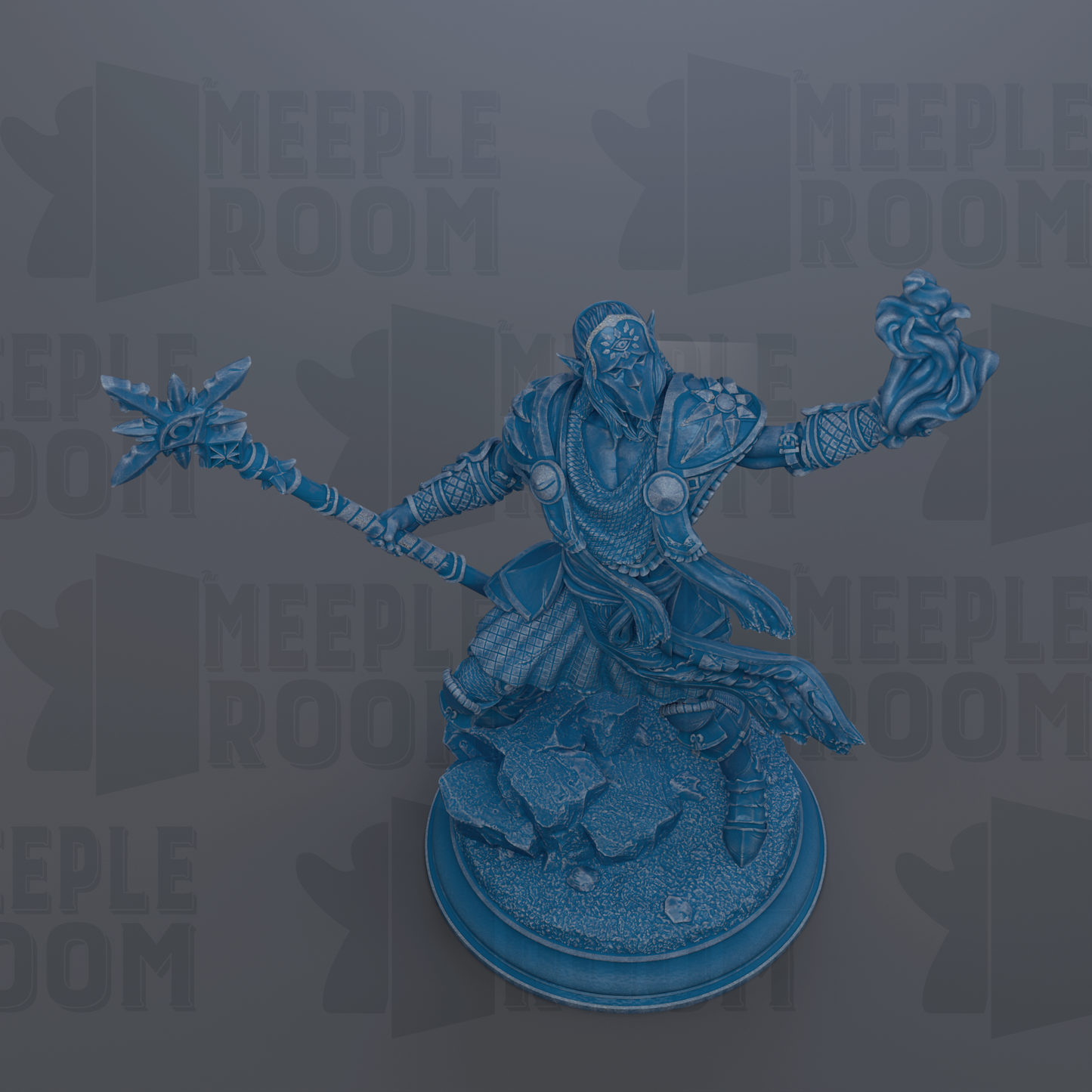 A blue figurine of a warrior figure with a sword and shield, standing on a pedestal.