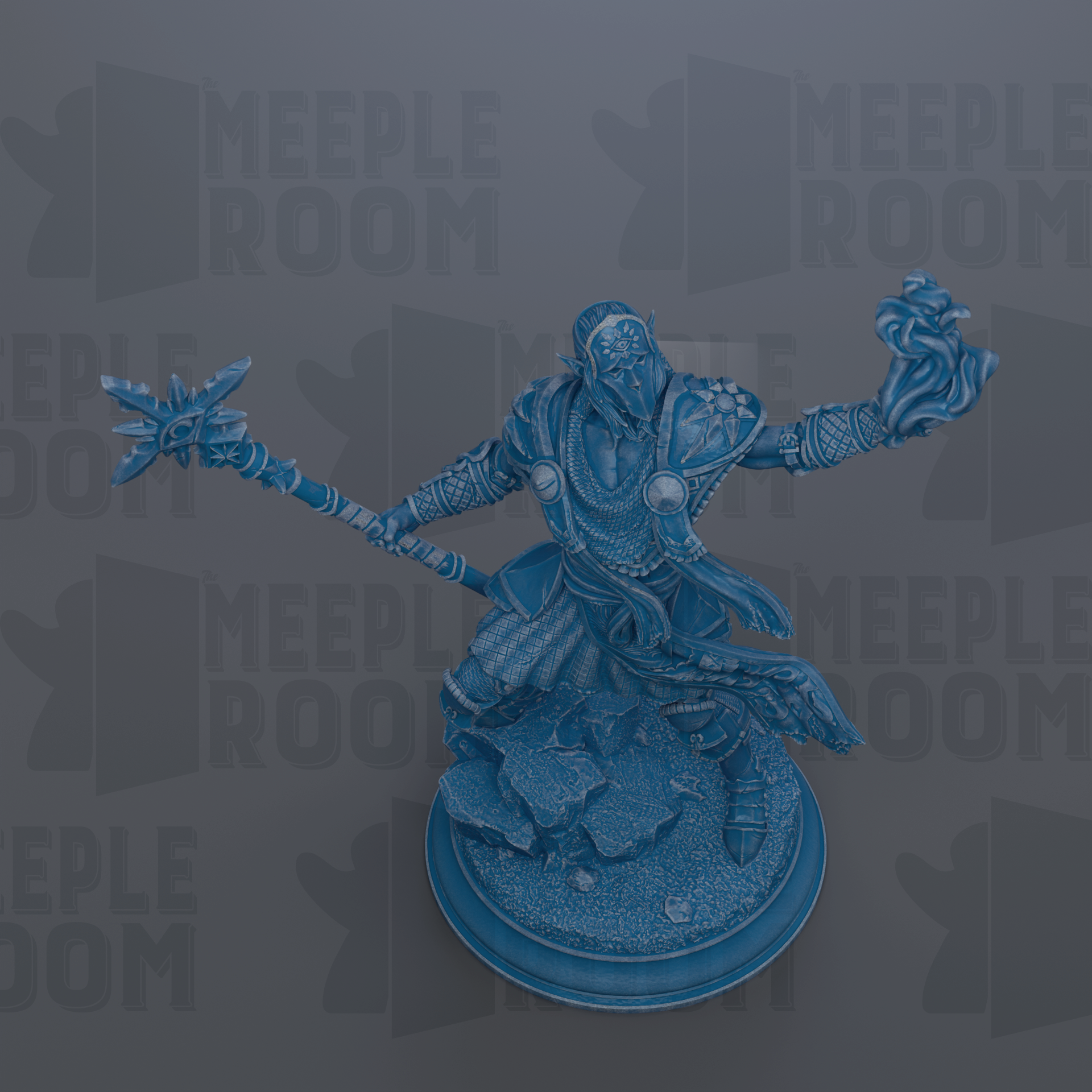 A blue figurine of a warrior figure with a sword and shield, standing on a pedestal.