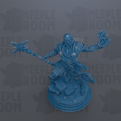 A blue figurine of a warrior figure with a sword and shield, standing on a pedestal.