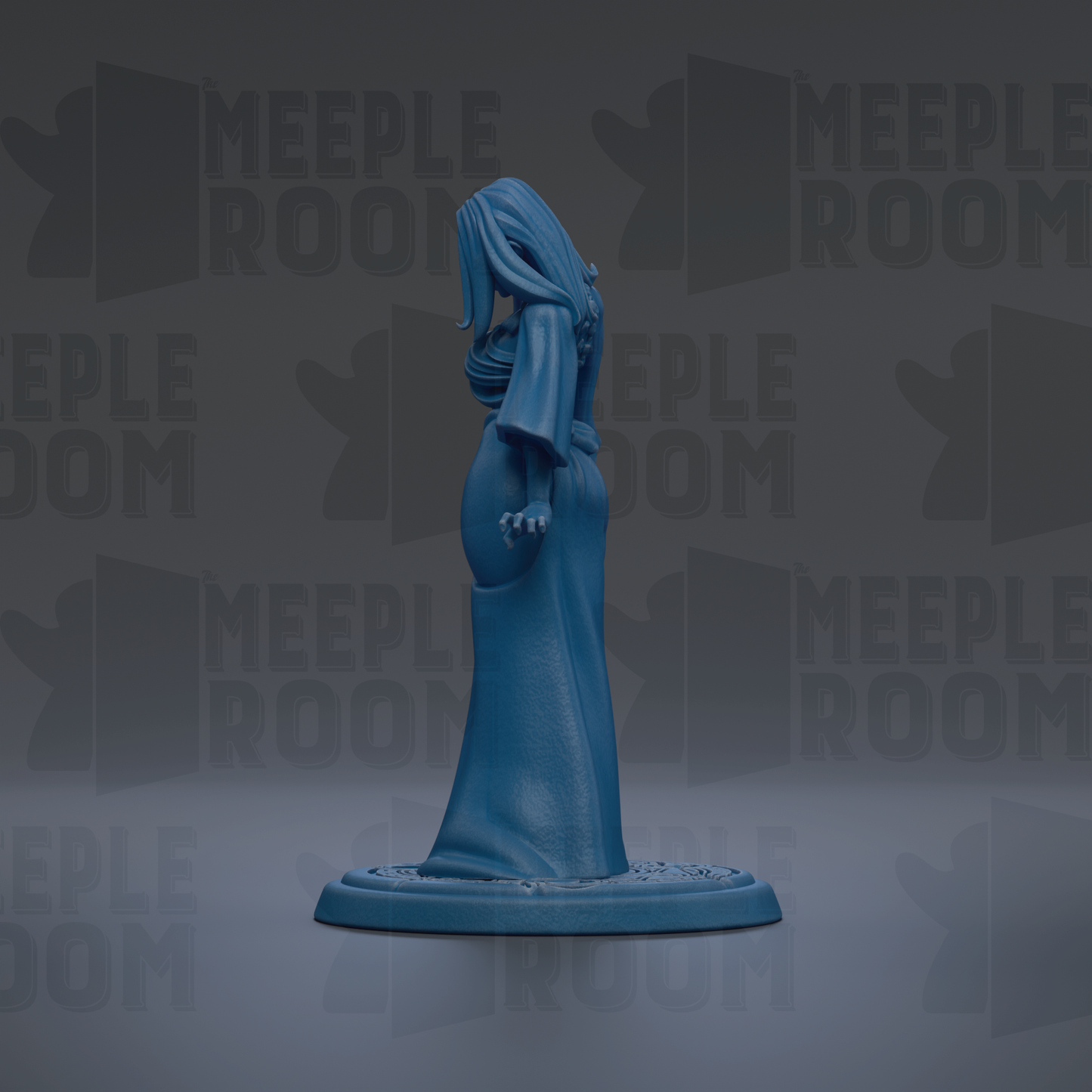 A blue figurine of a woman with long hair and a flowing dress stands on a base against a dark background with repeated text.