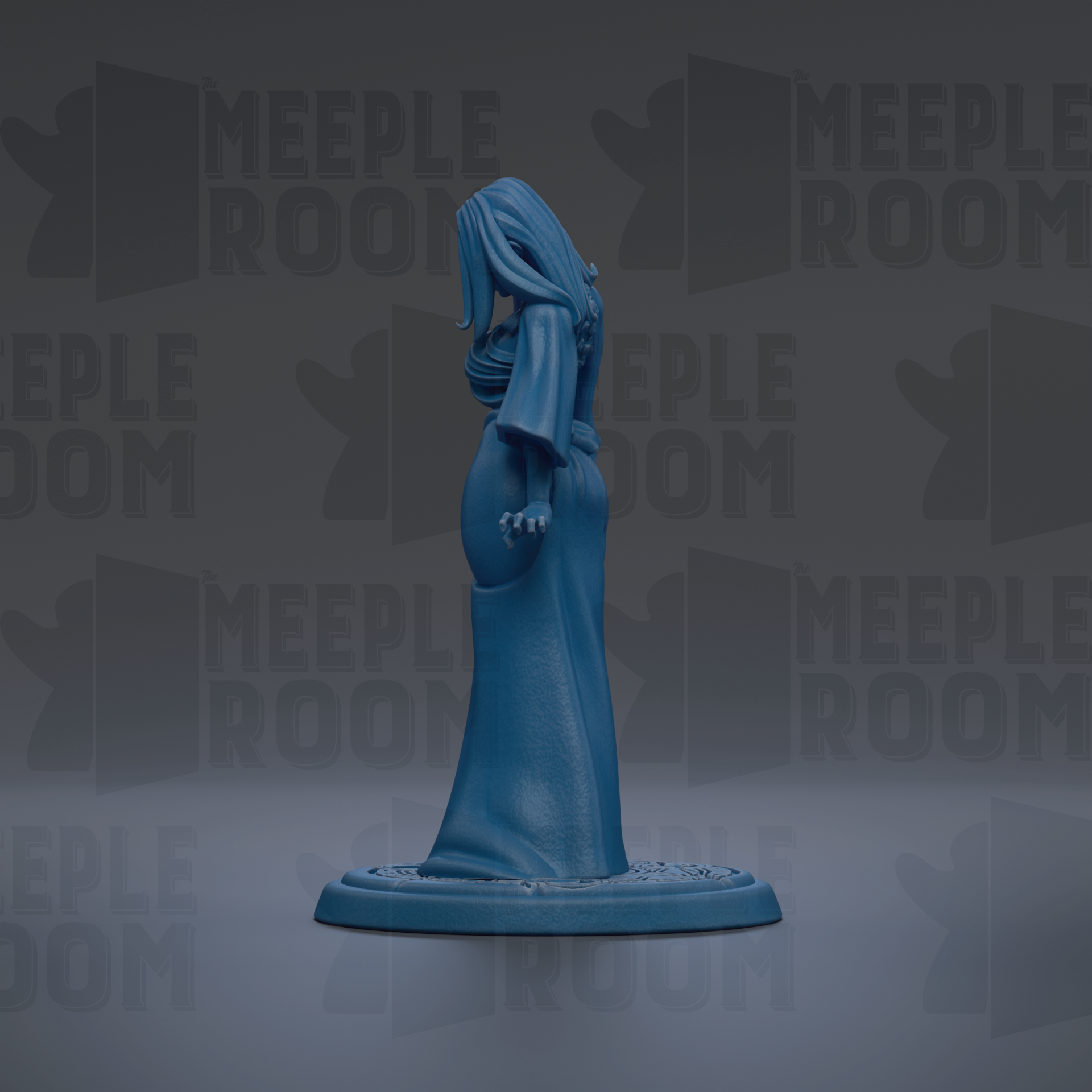A blue figurine of a woman with long hair and a flowing dress stands on a base against a dark background with repeated text.