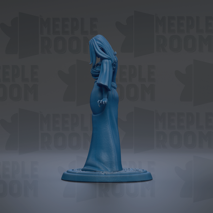 A blue figurine of a woman with long hair and a flowing dress stands on a base against a dark background with repeated text.