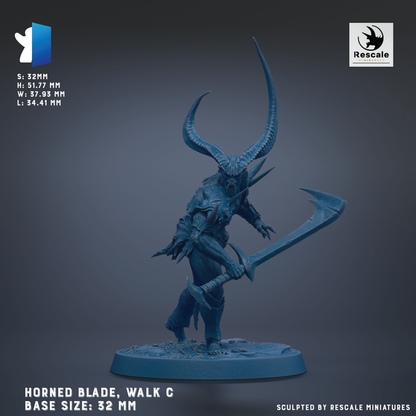 A detailed 3D model of a horned blade-wielding character, likely a fantasy or sci-fi character, with a large sword and a detailed design.