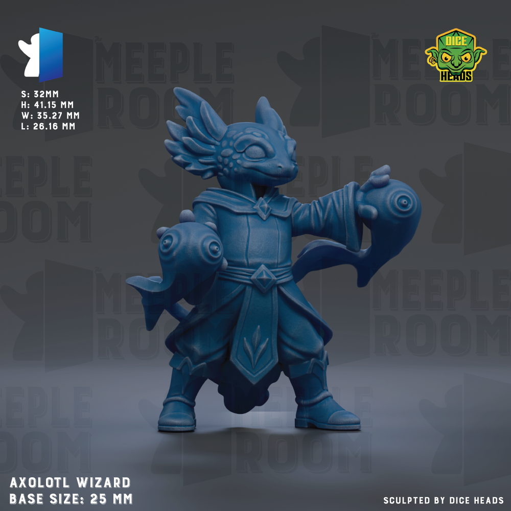 a blue figurine of a wizard-like character, possibly a magical being or deity, with wings and a flowing robe. The figurine is standing on a gray surface and appears to be the main focus of the image.