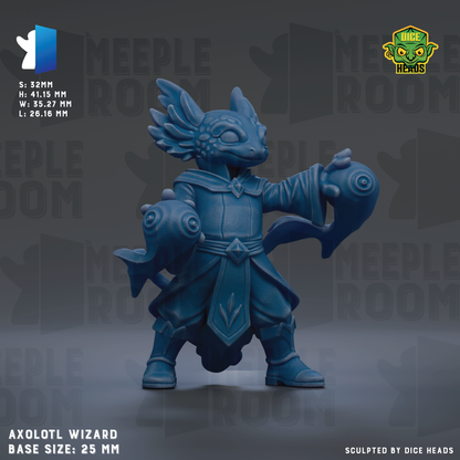 a blue figurine of a wizard-like character, possibly a magical being or deity, with wings and a flowing robe. The figurine is standing on a gray surface and appears to be the main focus of the image.