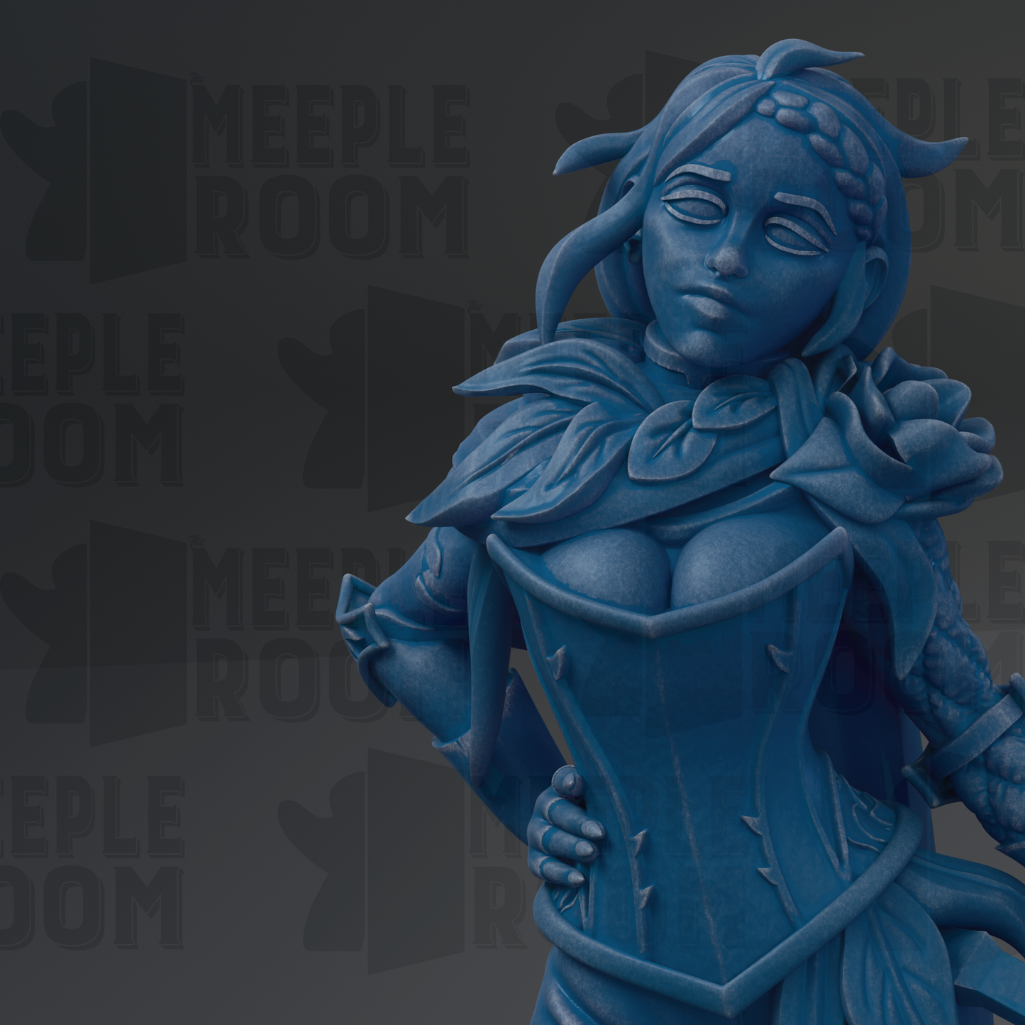 A blue statue of a woman with a flower in her hair, wearing a corset and holding a flower, against a dark background with repeated text.