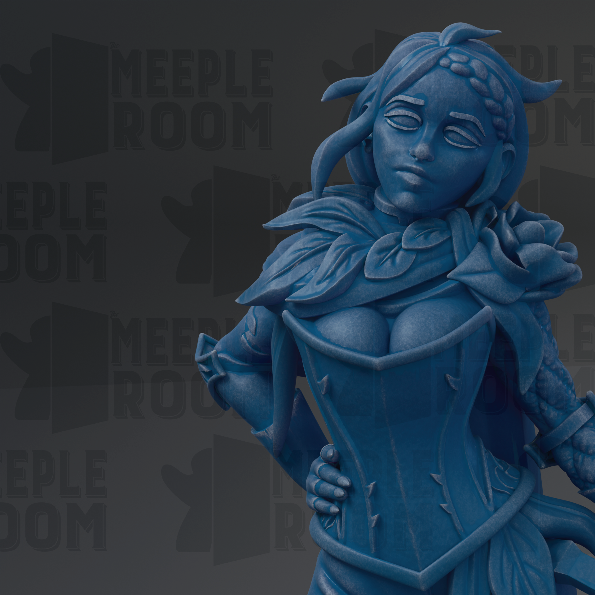 A blue statue of a woman with a flower in her hair, wearing a corset and holding a flower, against a dark background with repeated text.
