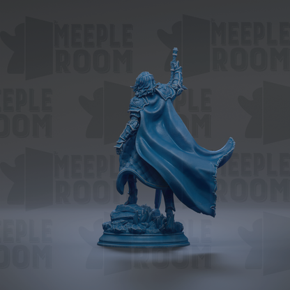 A blue statue of a person with a cape and sword stands against a dark background with repeated text.