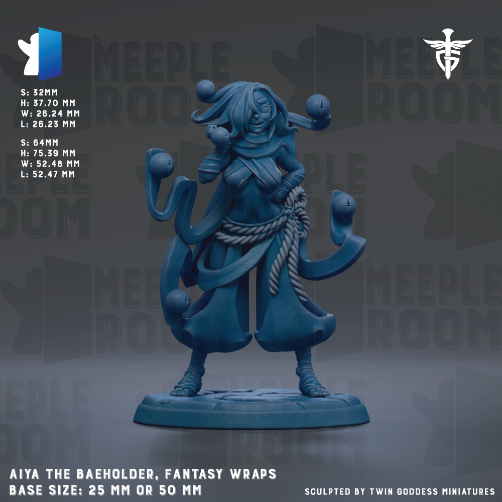 a fantasy wrap sculpture of a character named Aiya, the Baeholder, with a base size of 25mm or 50mm.