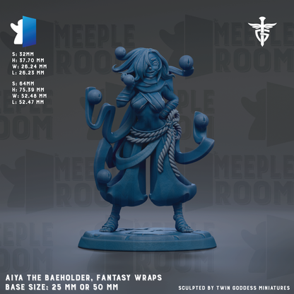 a fantasy wrap sculpture of a character named Aiya, the Baeholder, with a base size of 25mm or 50mm.