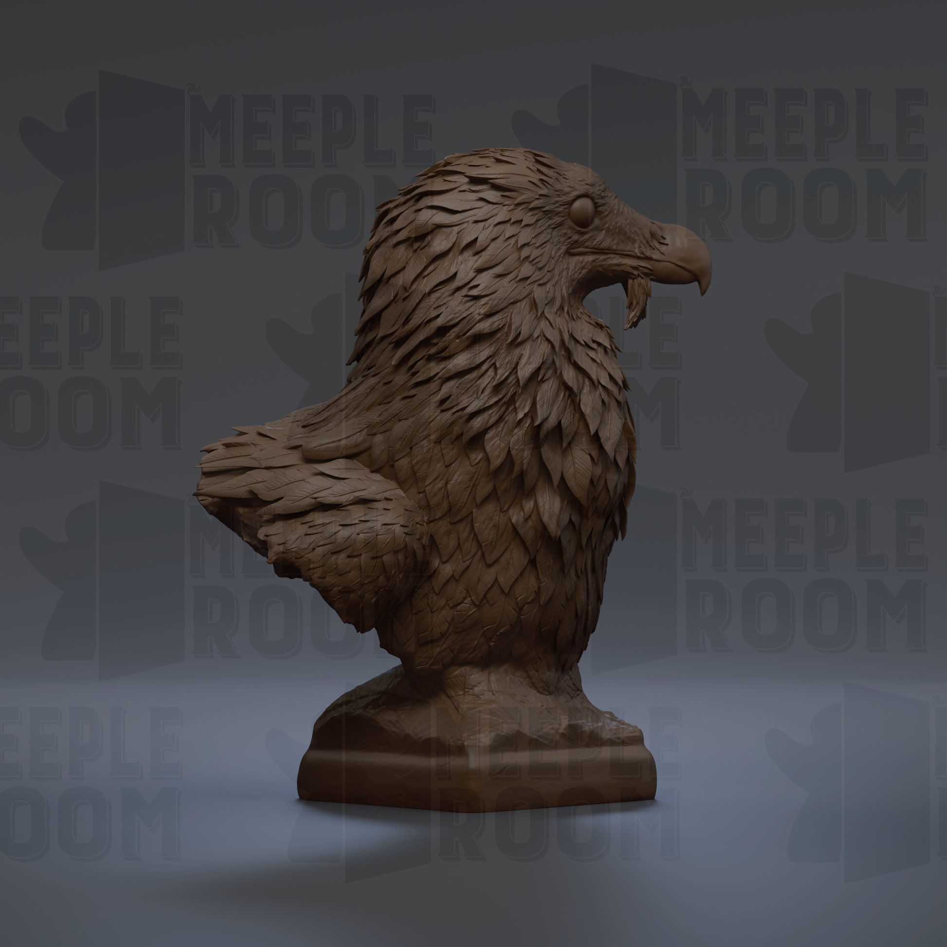 A 3D rendering of a bird statue, likely an eagle, with intricate feather details and a pointed beak.