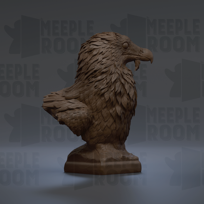 A 3D rendering of a bird statue, likely an eagle, with intricate feather details and a pointed beak.