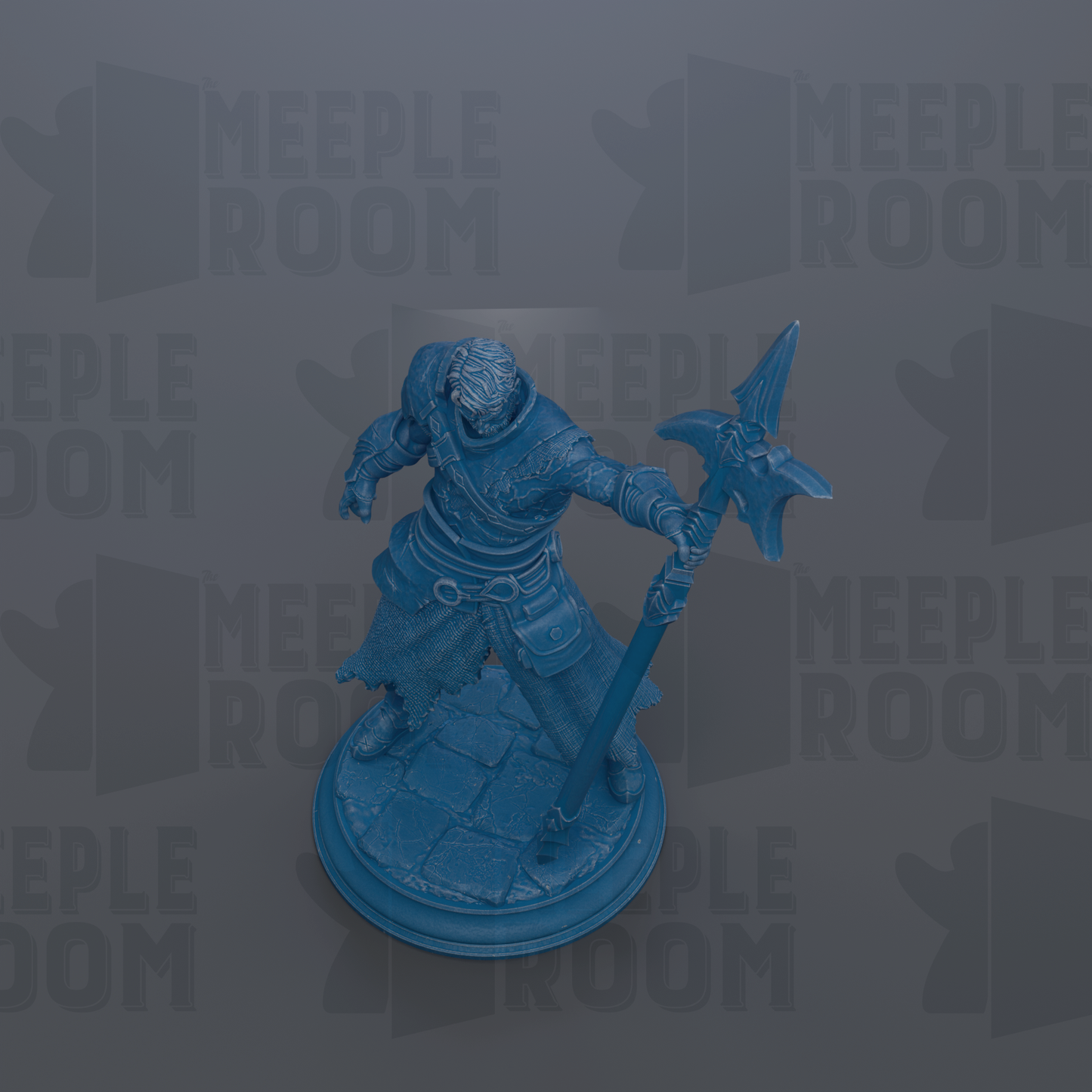 A blue figurine of a warrior figure holding a spear and shield, standing on a pedestal against a dark background with repeated text.