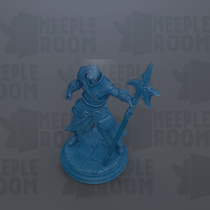 A blue figurine of a warrior figure holding a spear and shield, standing on a pedestal against a dark background with repeated text.