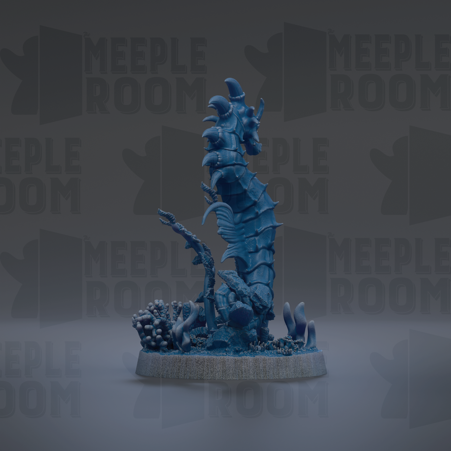 A blue, 3D-rendered seahorse figurine is displayed against a dark background with repeated text.