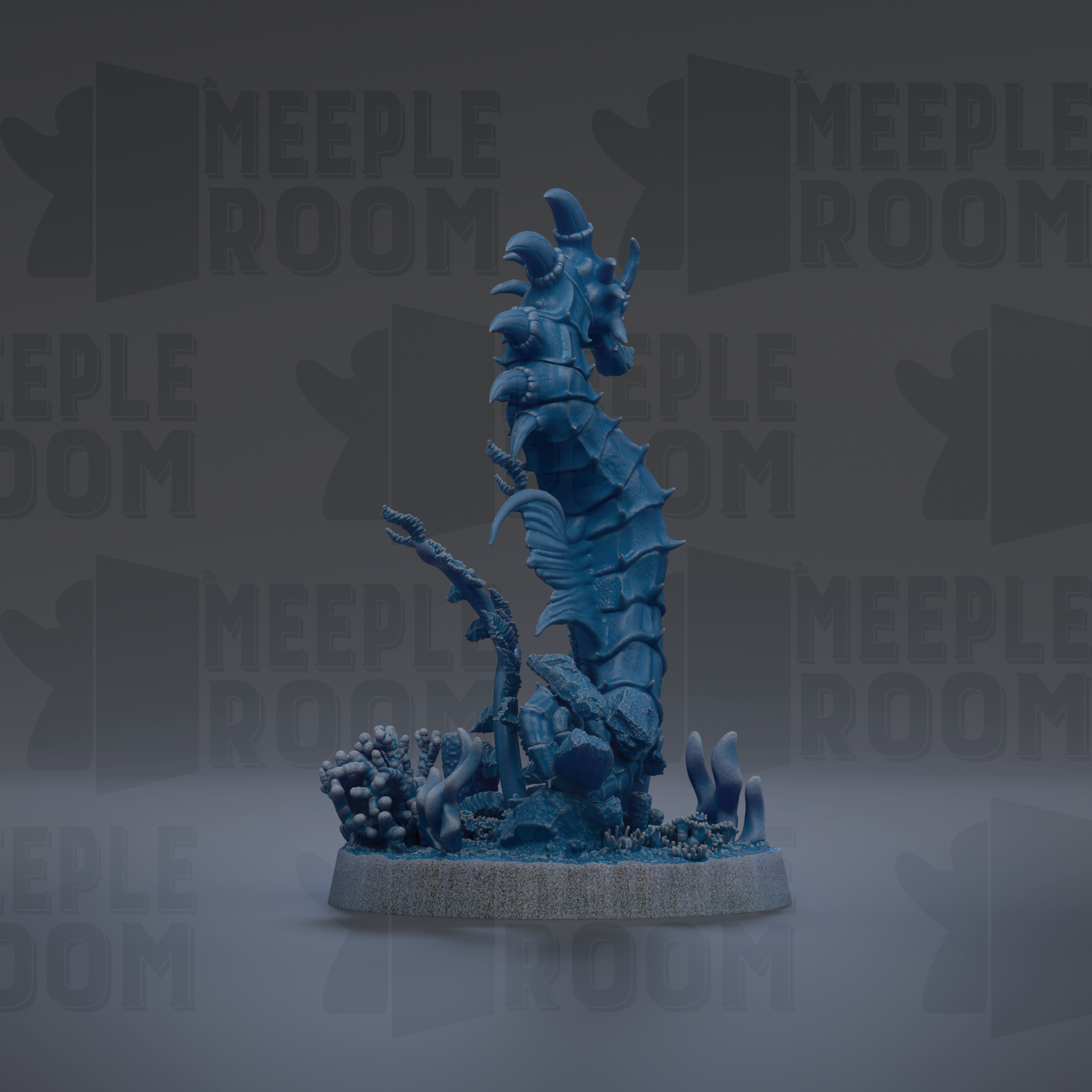 A blue, 3D-rendered seahorse figurine is displayed against a dark background with repeated text.