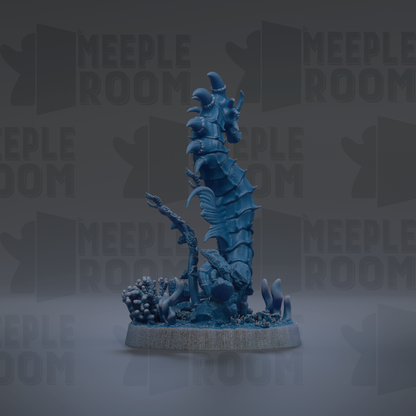 A blue, 3D-rendered seahorse figurine is displayed against a dark background with repeated text.