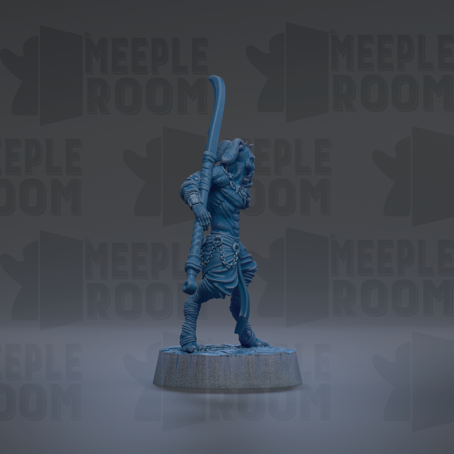 A blue figurine of a warrior standing on a pedestal, holding a sword and shield, against a dark background with repeated text.