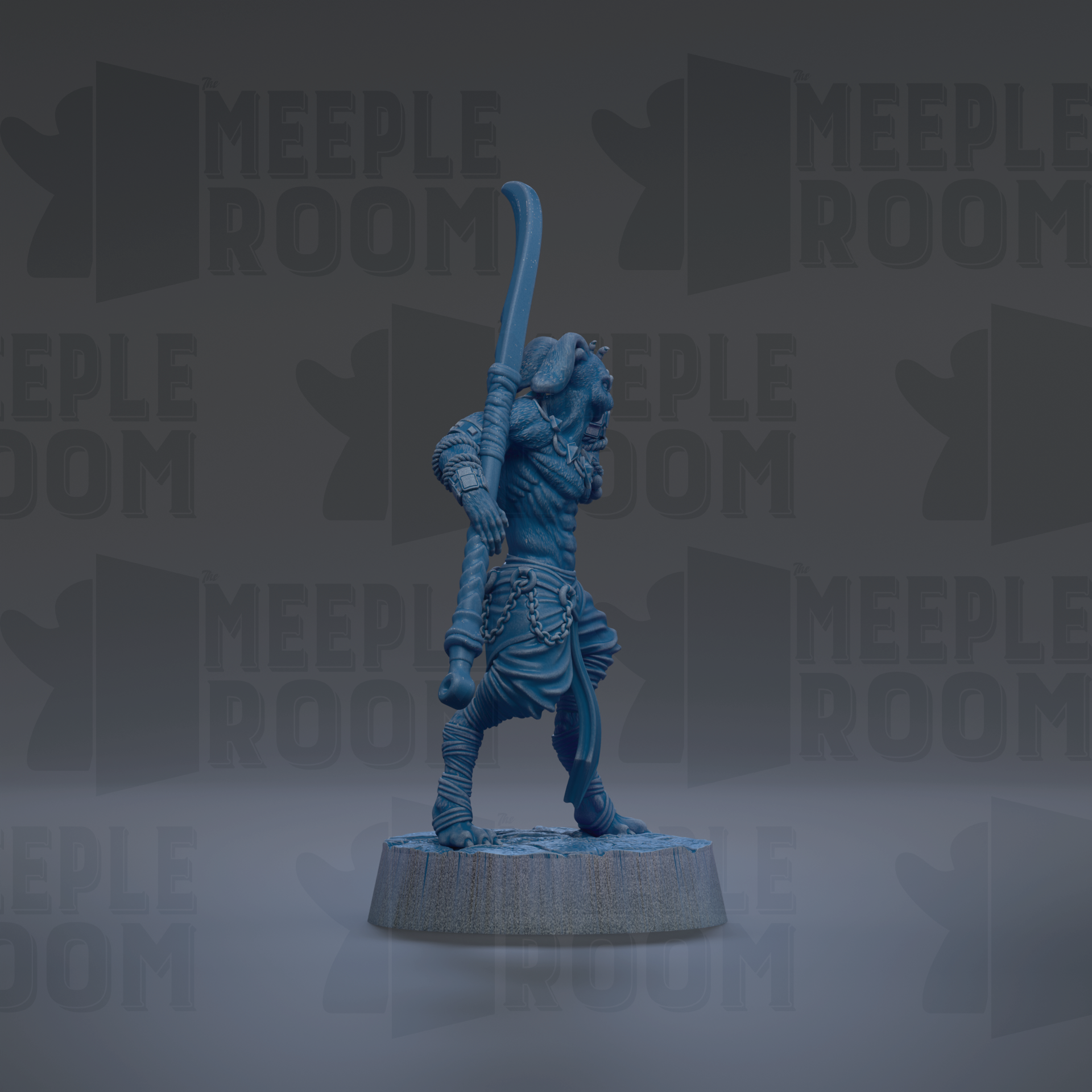 A blue figurine of a warrior standing on a pedestal, holding a sword and shield, against a dark background with repeated text.