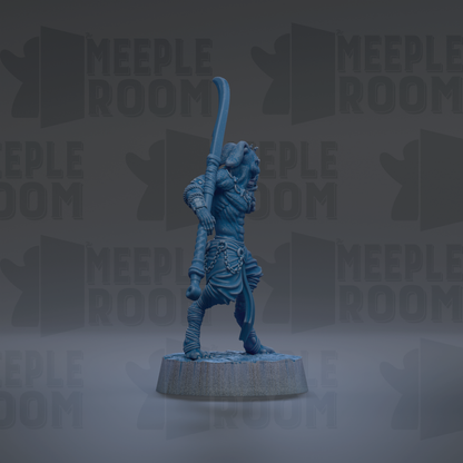 A blue figurine of a warrior standing on a pedestal, holding a sword and shield, against a dark background with repeated text.