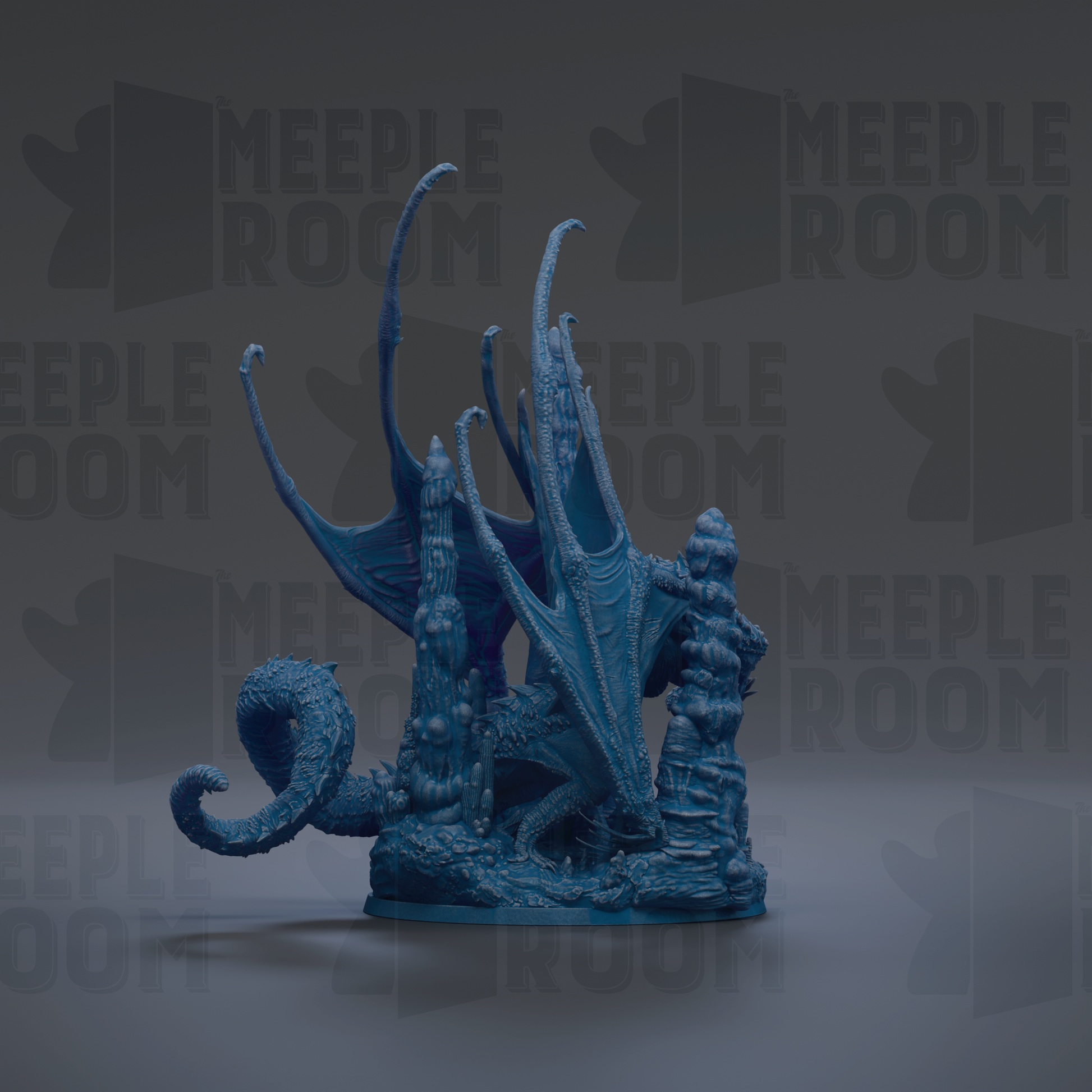 A 3D rendering of a blue dragon-like creature with intricate, organic-looking features, including a large, curved tail and a long, pointed head.