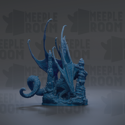 A 3D rendering of a blue dragon-like creature with intricate, organic-looking features, including a large, curved tail and a long, pointed head.