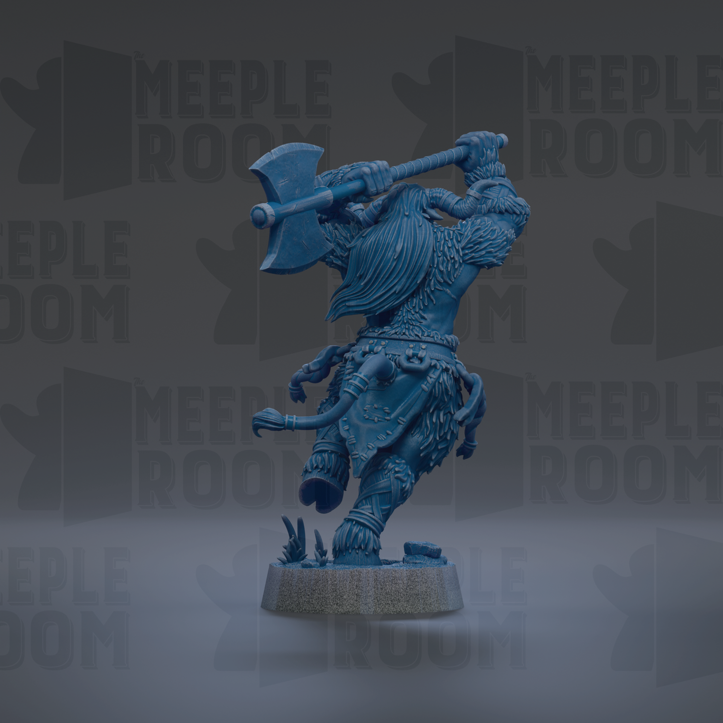 A blue figurine of a warrior wielding a large weapon, likely an axe, is shown in the image.