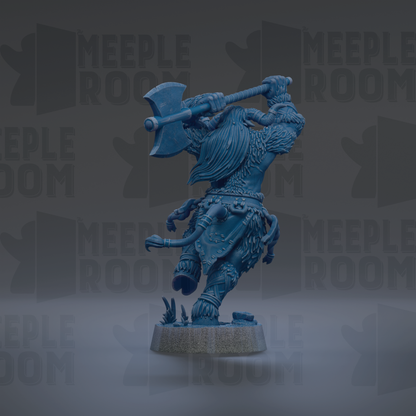 A blue figurine of a warrior wielding a large weapon, likely an axe, is shown in the image.