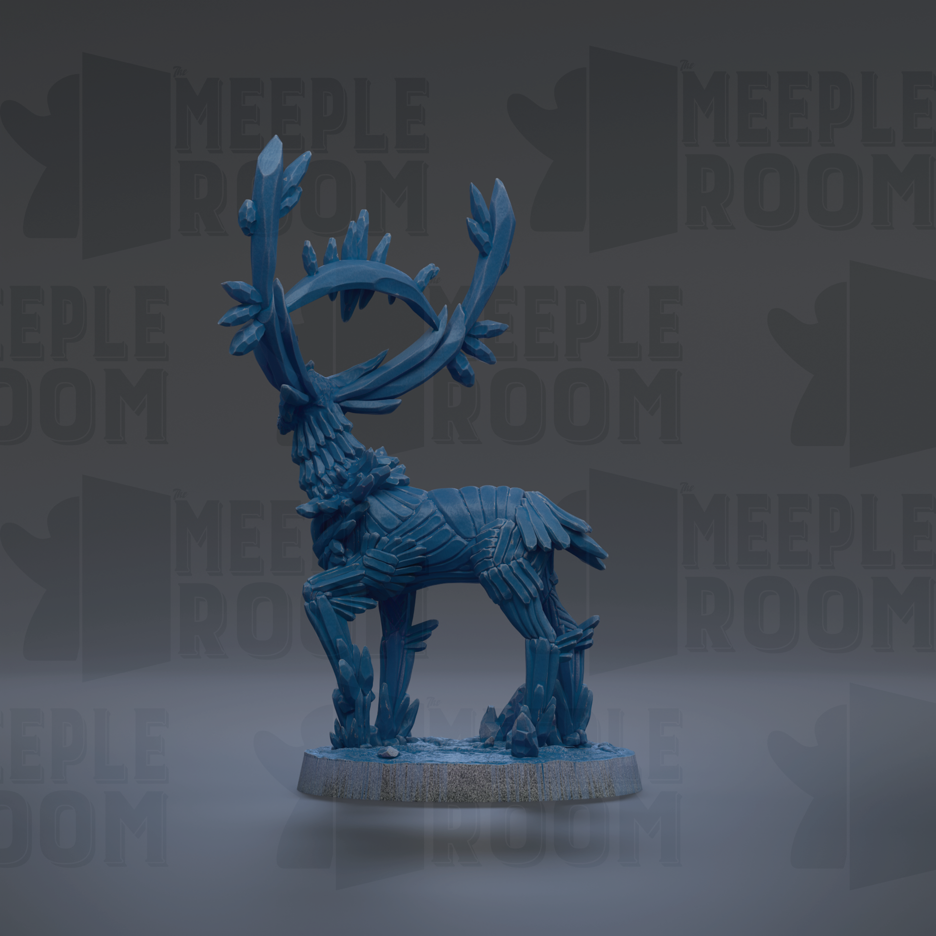 A blue, fantastical deer-like creature with antlers stands on a base against a dark background with repeated text.