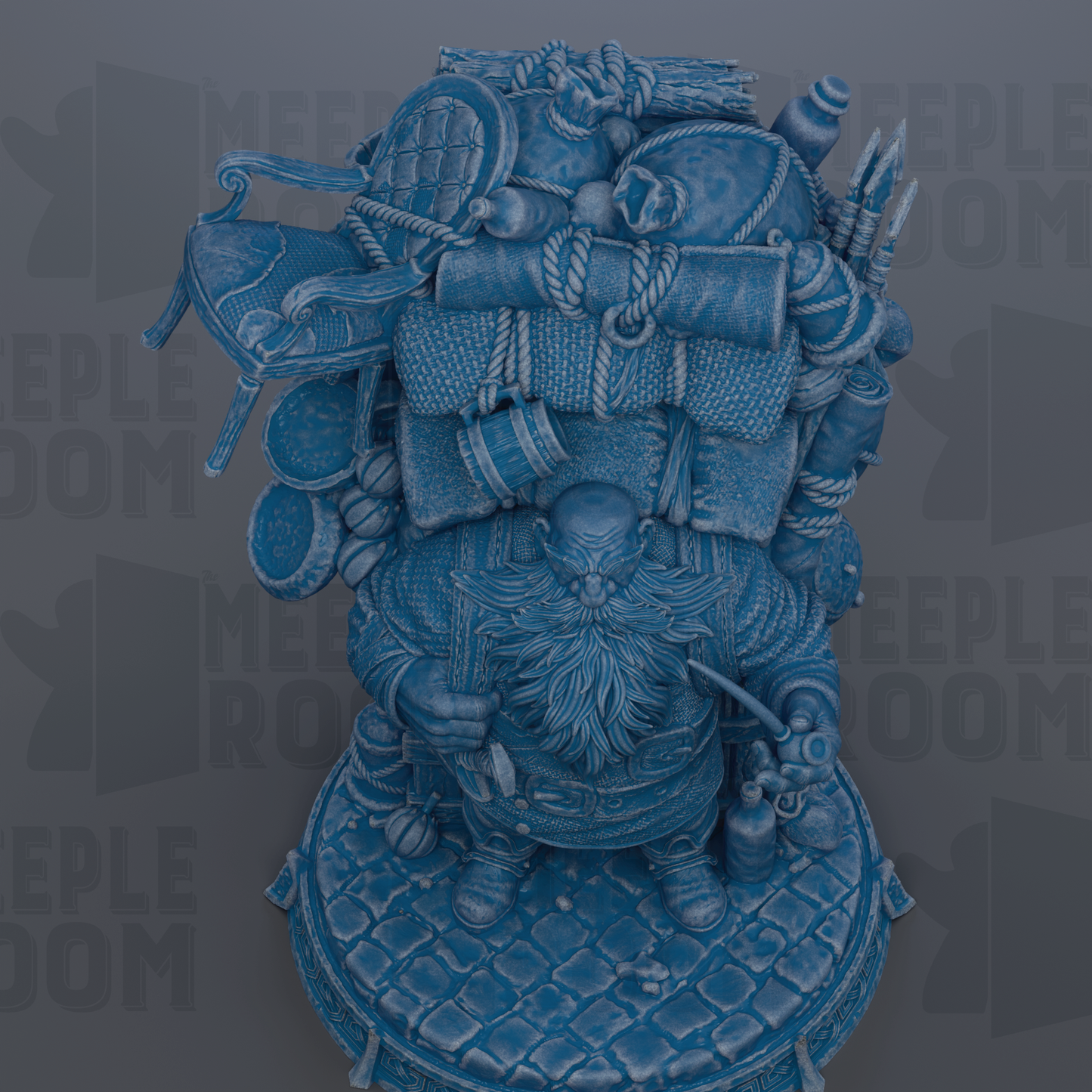 A detailed 3D rendering of a blue, ornate statue depicting a large, bearded figure with a long beard and holding a sword.