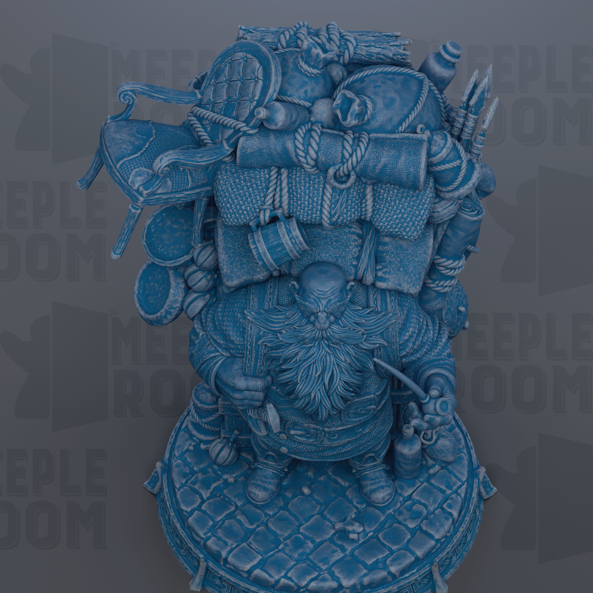A detailed 3D rendering of a blue, ornate statue depicting a large, bearded figure with a long beard and holding a sword.