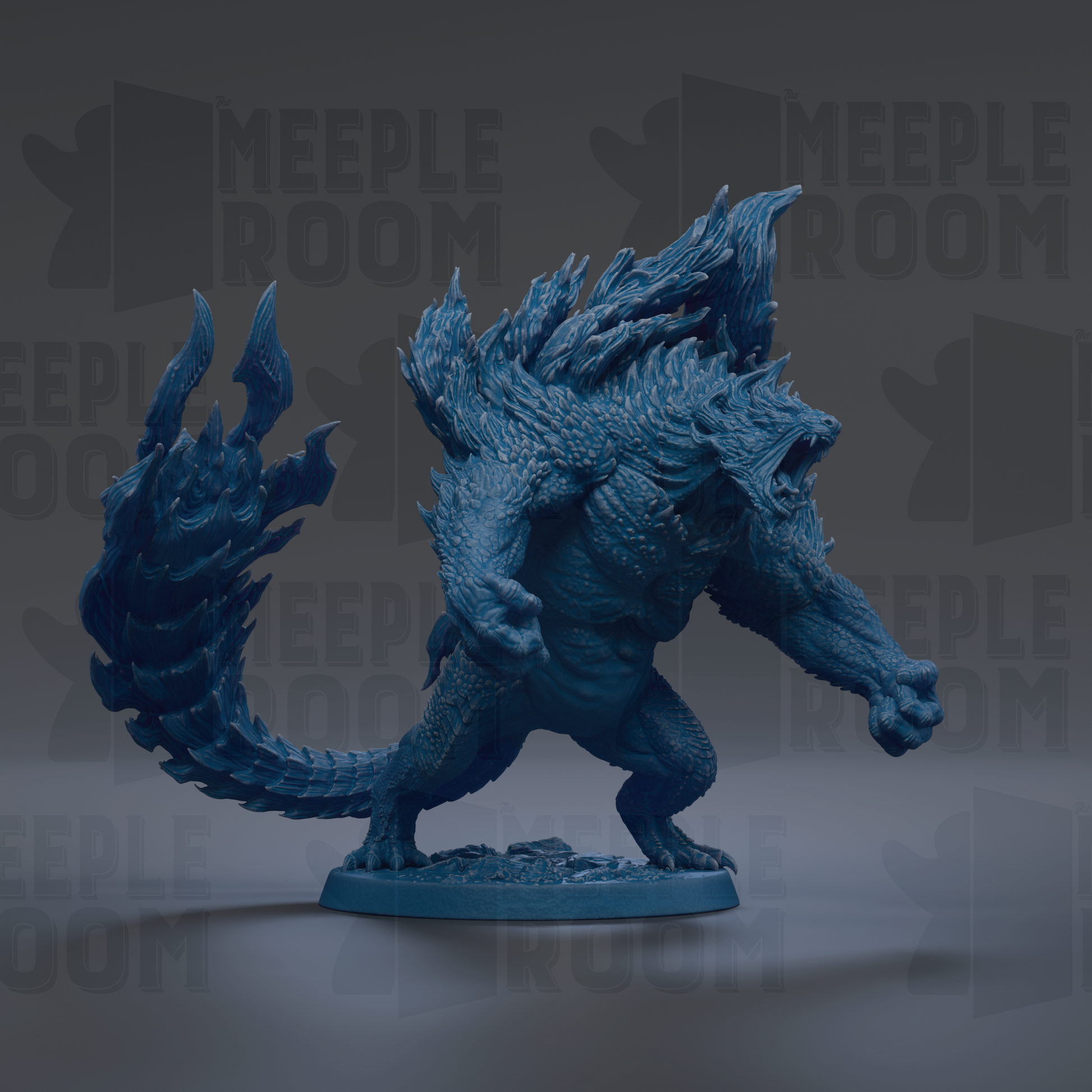 A blue, fantastical creature resembling a dragon or serpent with sharp teeth and claws, standing on a base and appearing to be in a defensive or aggressive stance.