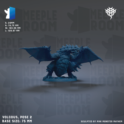a blue dragon figurine with wings spread, standing on a base. The dragon is the main subject of the image, and it is described as a "Volcous, pose 2" figurine with a base size of 7.5 mm.