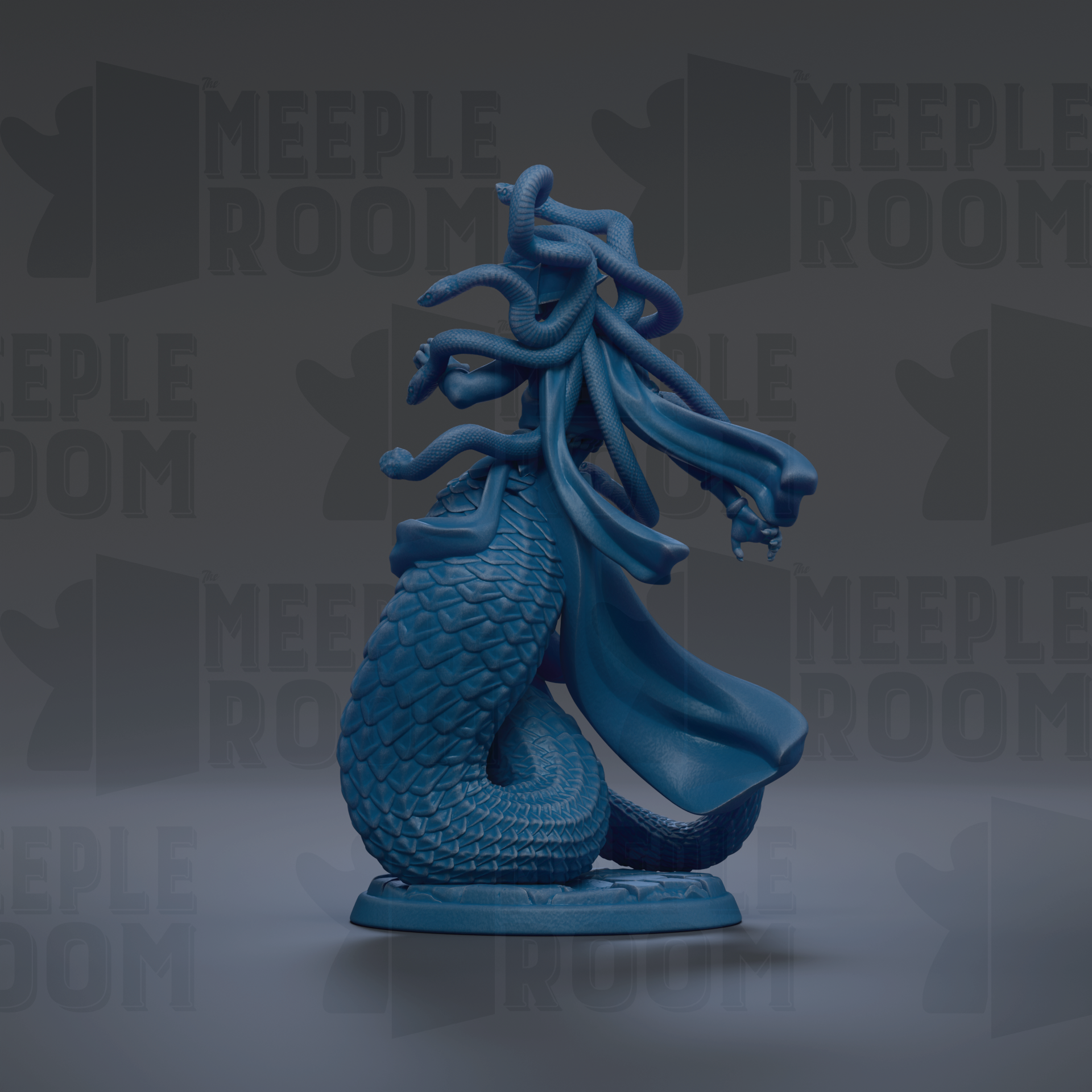 A blue, snake-like figurine with a flowing, draped cape is displayed against a dark background with repeated text.