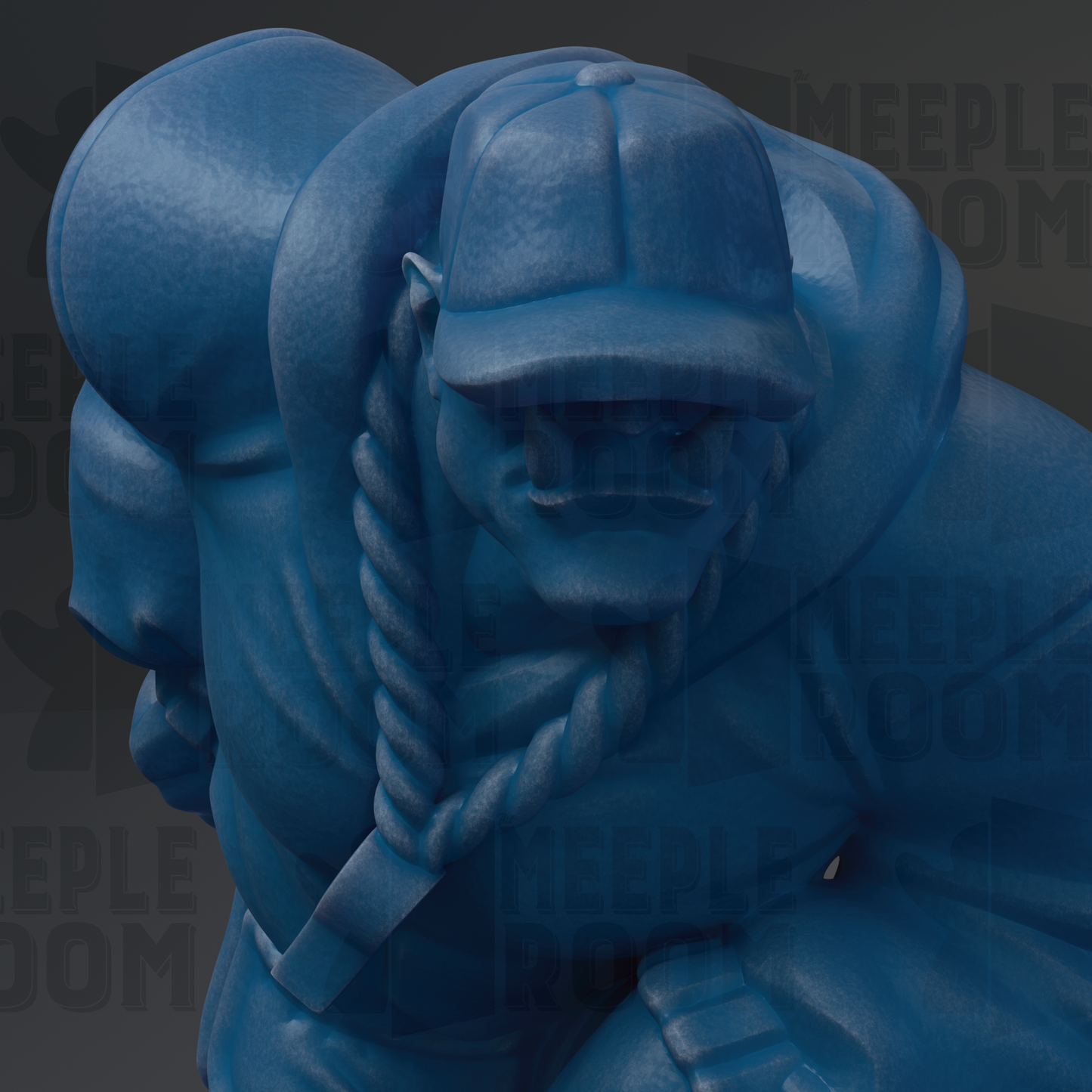 A close-up view of a blue, textured statue depicting a person wearing a hat and holding a rope.