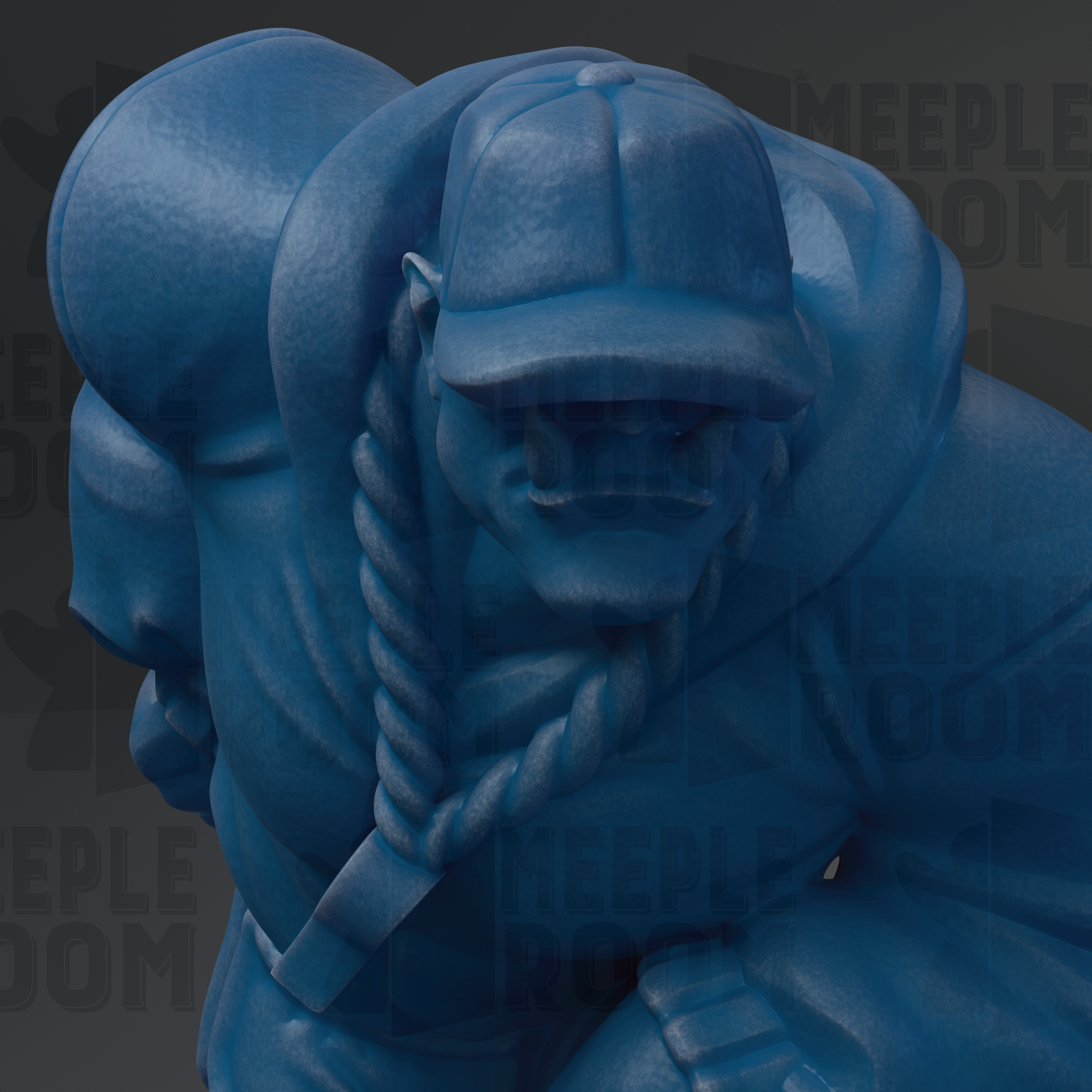 A close-up view of a blue, textured statue depicting a person wearing a hat and holding a rope.