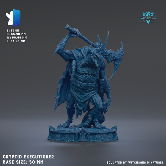 The image is a 3D rendering of a blue, fantastical creature with multiple arms and a large head, depicted in a dynamic pose. The creature appears to be a mythical or magical being, possibly an executioner or warrior. The image is described as a " Cryptid Executiver" and is shown in a base size of 50mm. It is sculpted by Witch Songs miniatures.