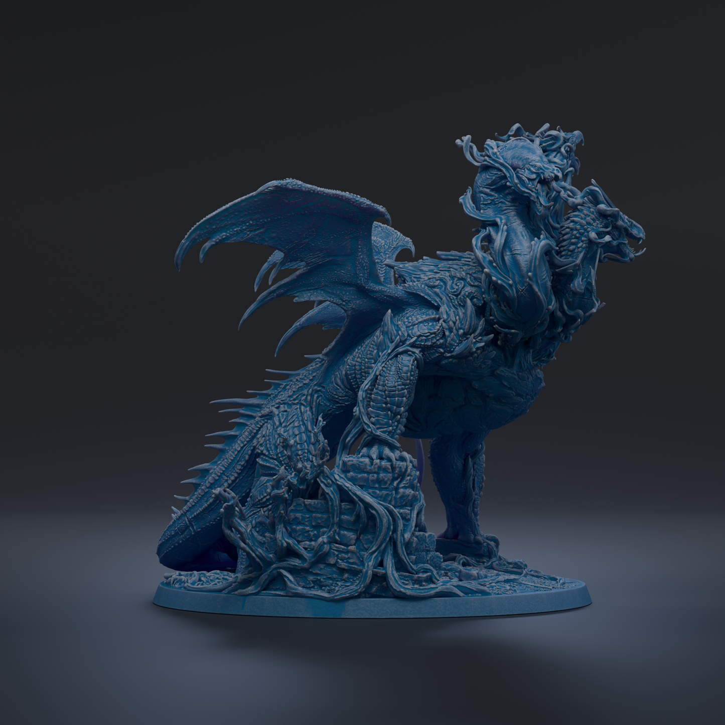 A detailed 3D model of a blue dragon statue, with intricate scales and wings, standing on a base.