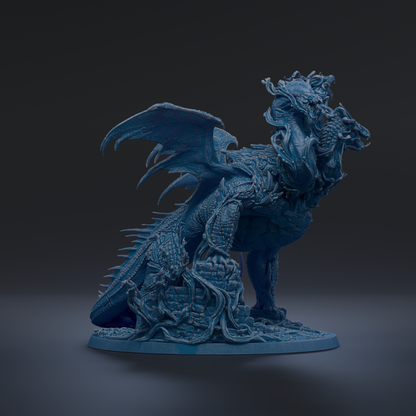 A detailed 3D model of a blue dragon statue, with intricate scales and wings, standing on a base.