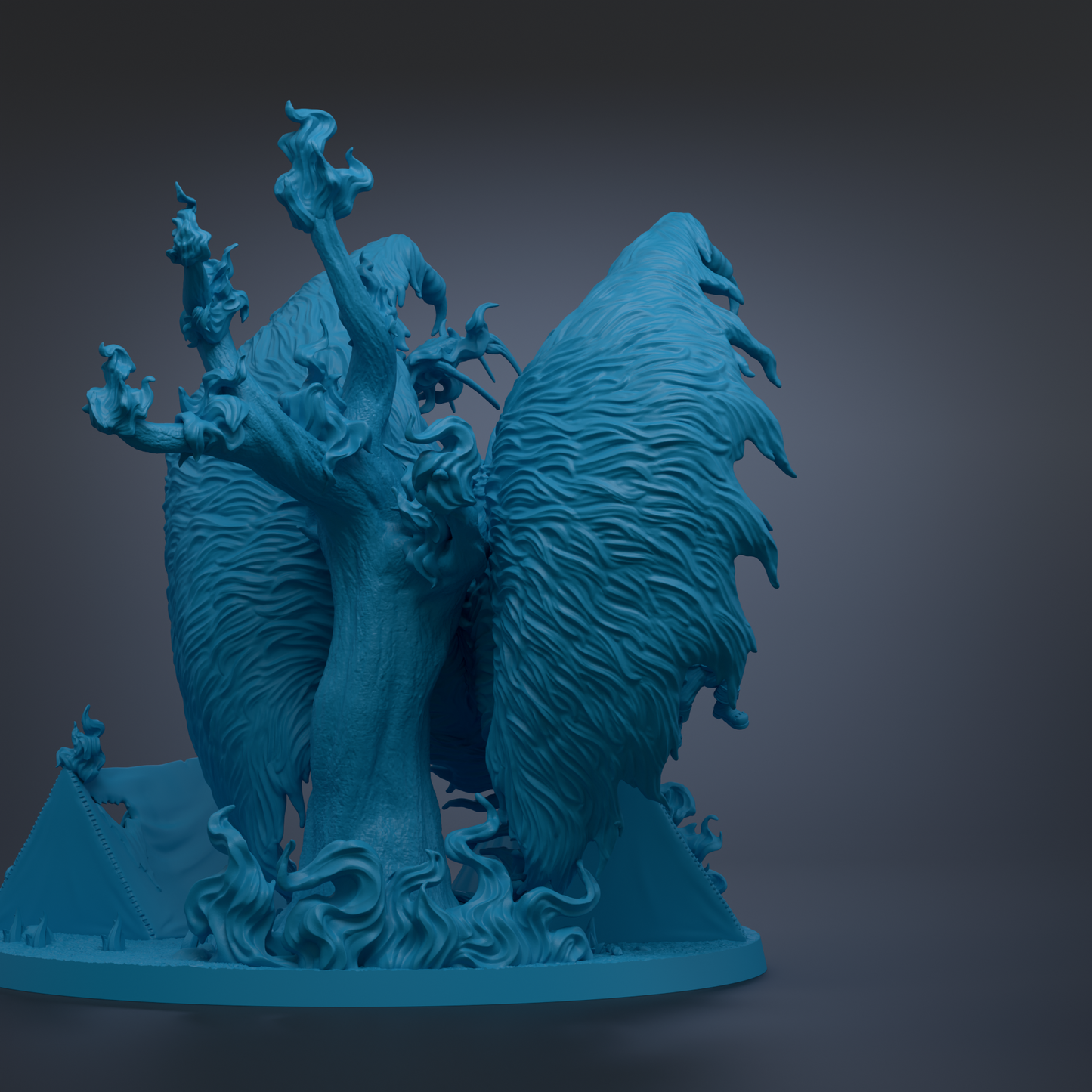 A 3D rendering of a fantastical creature with a large, intricate wing-like structure and a long, curved tail. The creature appears to be a mythical or magical being, with a blue-green color scheme.