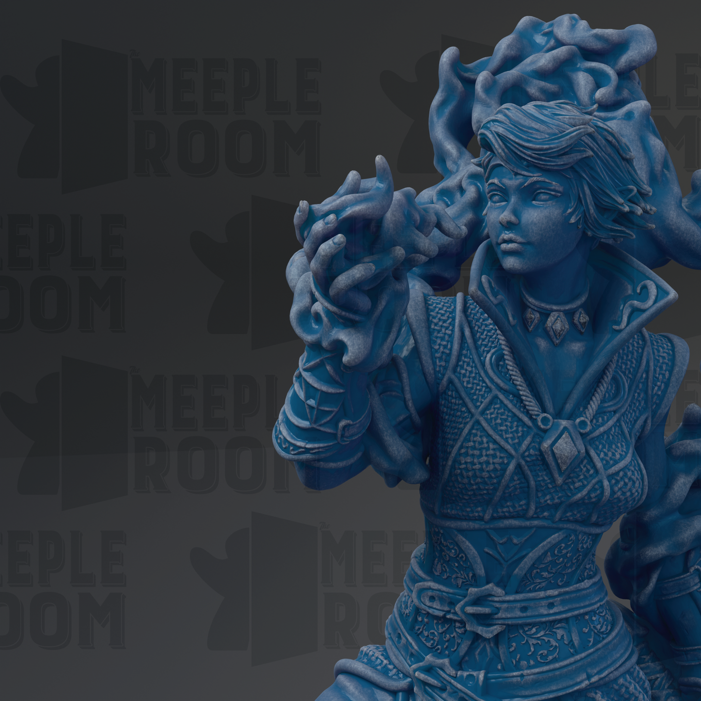 A blue figurine of a person holding a dragon-like creature, standing on a pedestal against a dark background with repeated text.