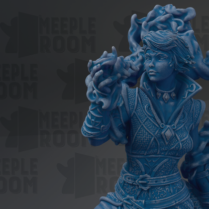 A blue figurine of a person holding a dragon-like creature, standing on a pedestal against a dark background with repeated text.