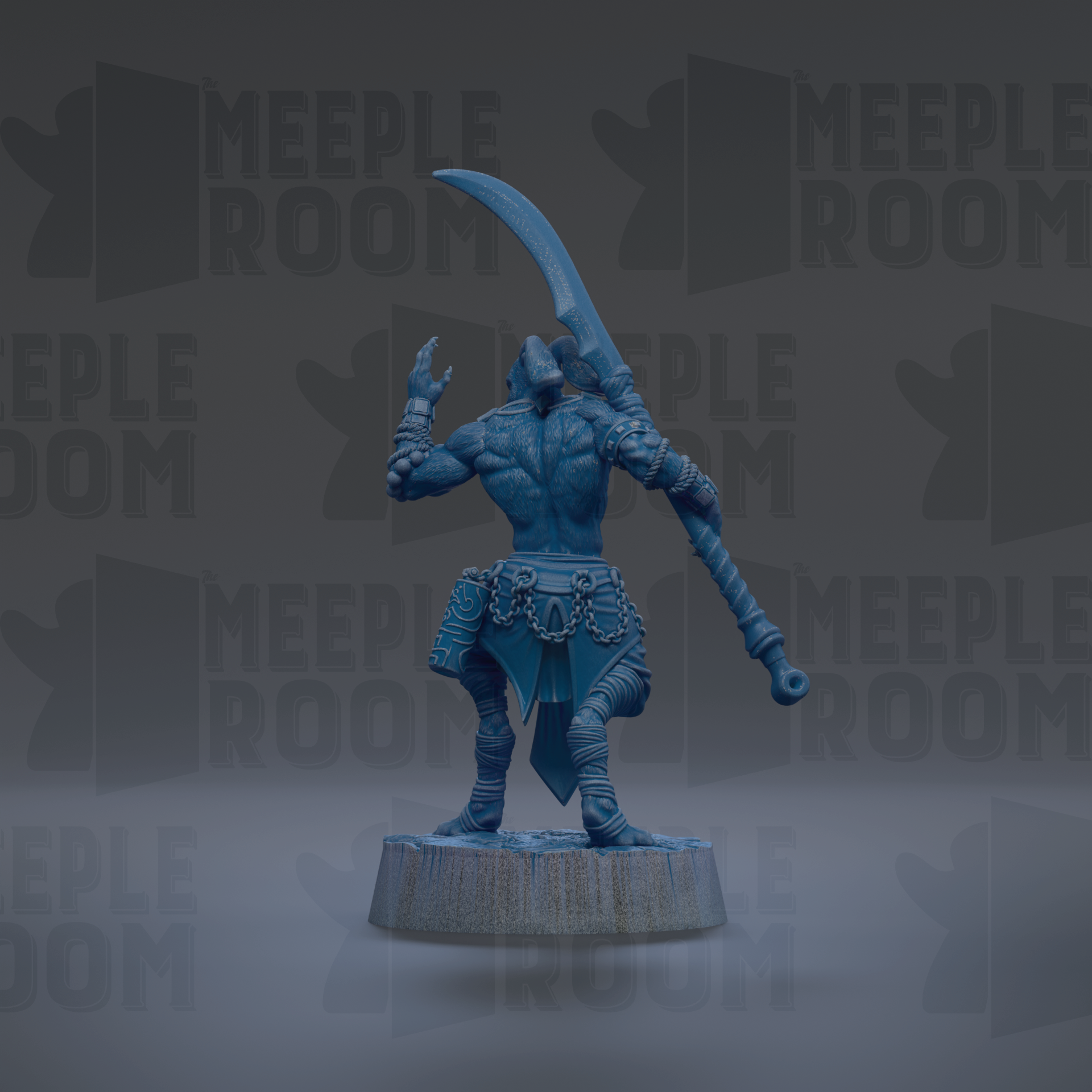 A blue warrior figurine with a sword and shield stands on a pedestal against a dark background with repeated "MEIPLLE ROOM" text.