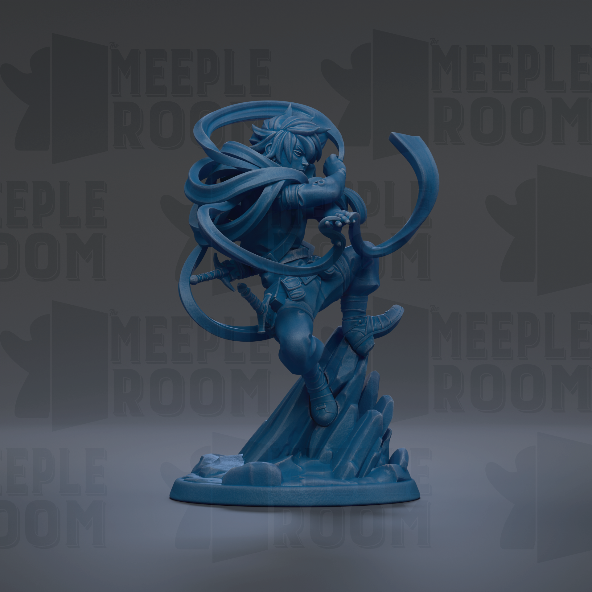 A blue figurine of a character with flowing hair and a sword, standing on a rock formation against a dark background with repeated text.