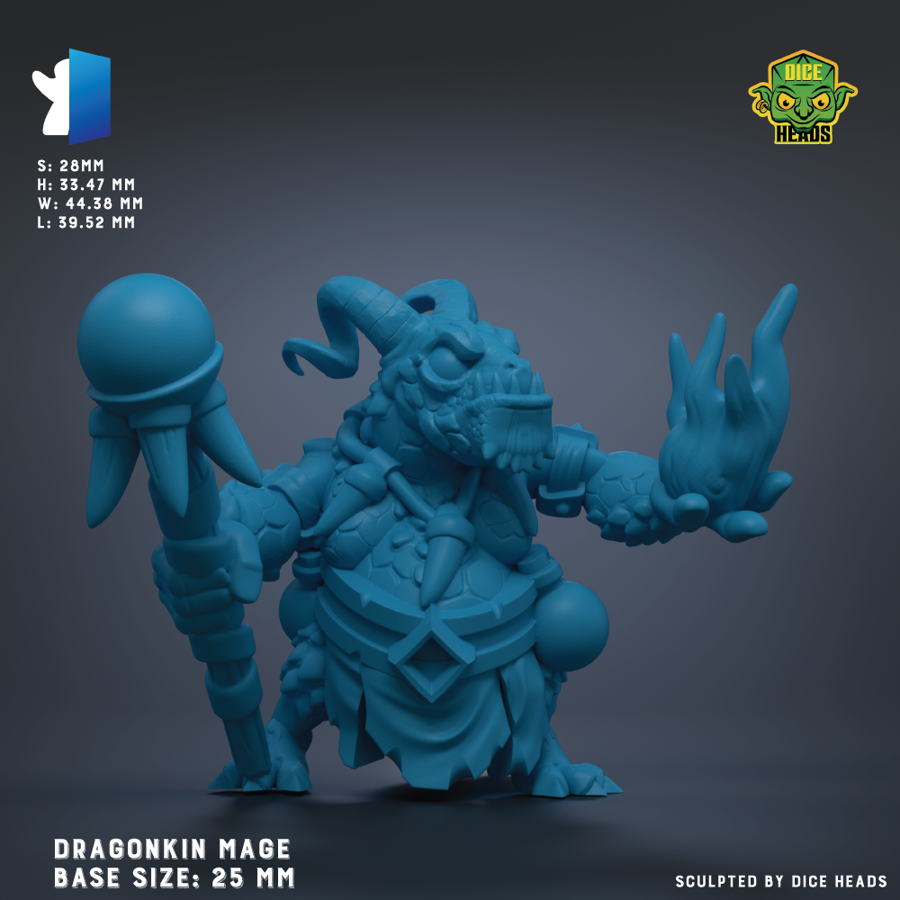 A 3D model of a dragon-like creature, likely a dragonkin, with various weapons and accessories. The creature is depicted in a dynamic pose, with its arms raised and a sword in hand. The image is described as a "Dragonkin Mage Base Size: 25 MM" and is "Sized: 24.87MM" in the top left corner. The base sizes are listed as "25 MM" and "24.87 MM" in the top right corner. The image is described as "Sculpted by Dice Heads" in the bottom right corner.