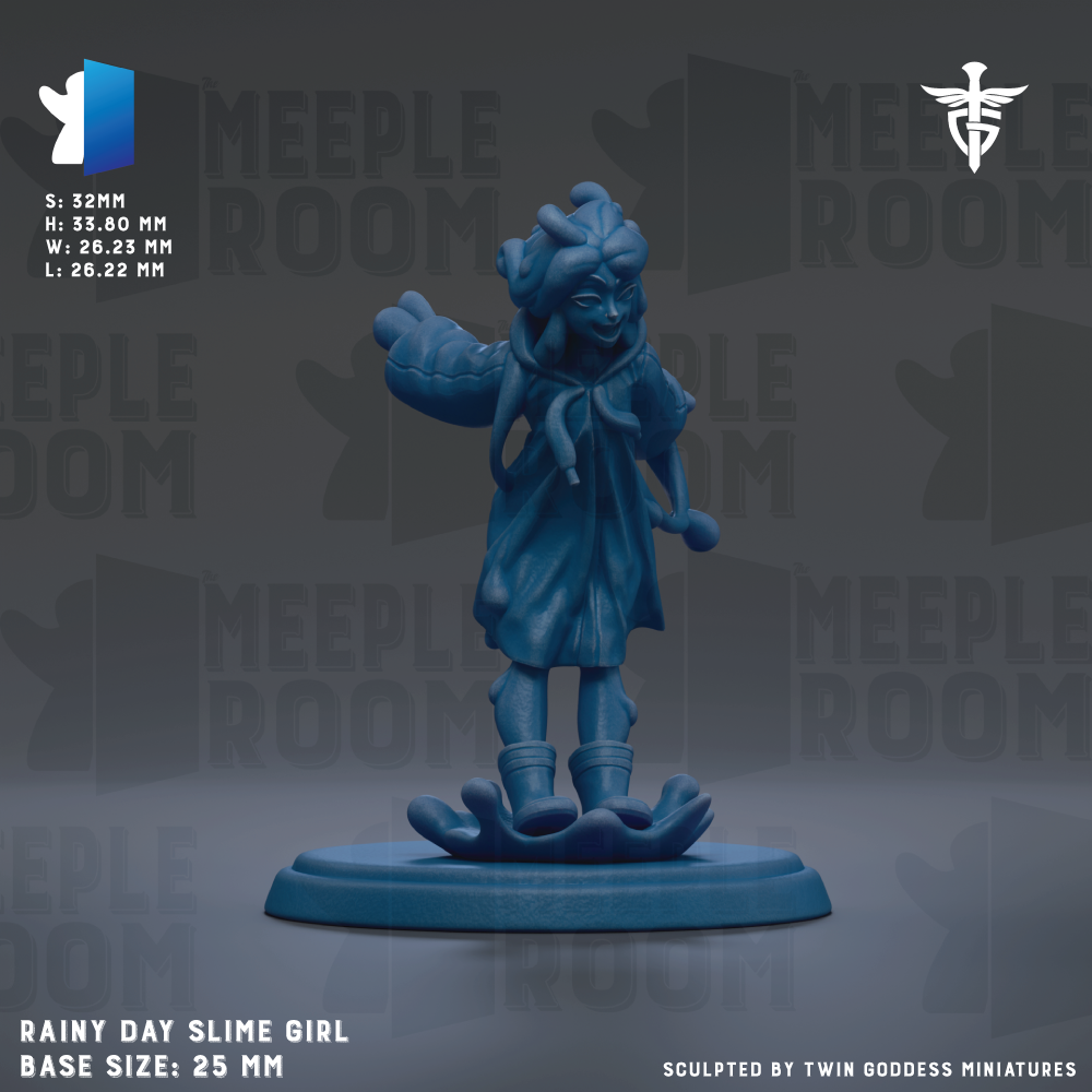 a figurine of a young girl with a blue body and a blue dress, standing on a blue base. The figurine appears to be made of a material that resembles plastic or foam. The background of the image is dark, which contrasts with the figurine and makes it stand out. The image does not contain any text, and there are no other objects or elements present. The figurine is described as a "Rainy Day Slime Girl" and is shown in a base size of 25mm.