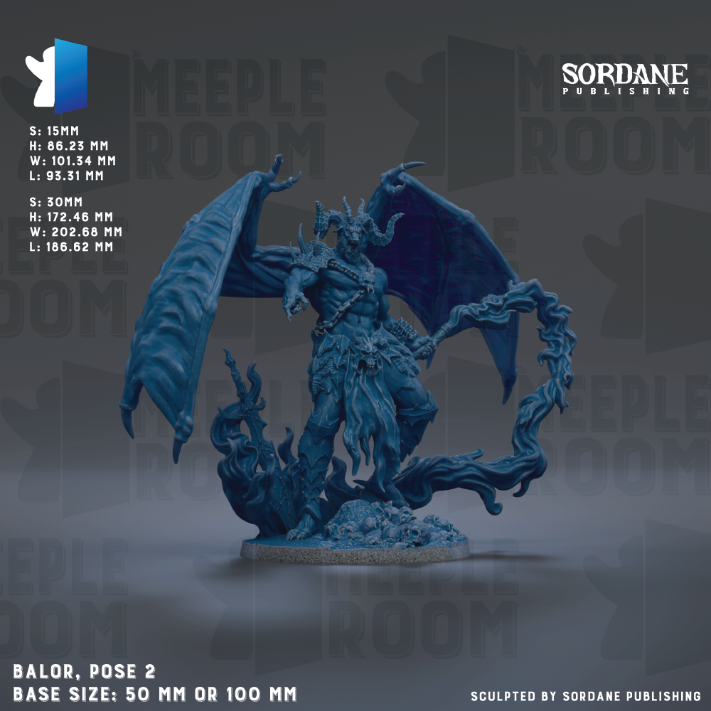 The image is a detailed 3D rendering of a blue, winged, armored figure with horns and a beard, standing on a base. The figure appears to be a character from a fantasy or mythology setting, possibly from a video game or other media. The image is described as a "Sculpted by Sordane Publishing" and is labeled as "Balor, Pose 2" with a base size of 50mm or 100mm.