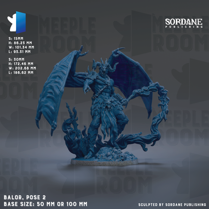 The image is a detailed 3D rendering of a blue, winged, armored figure with horns and a beard, standing on a base. The figure appears to be a character from a fantasy or mythology setting, possibly from a video game or other media. The image is described as a "Sculpted by Sordane Publishing" and is labeled as "Balor, Pose 2" with a base size of 50mm or 100mm.