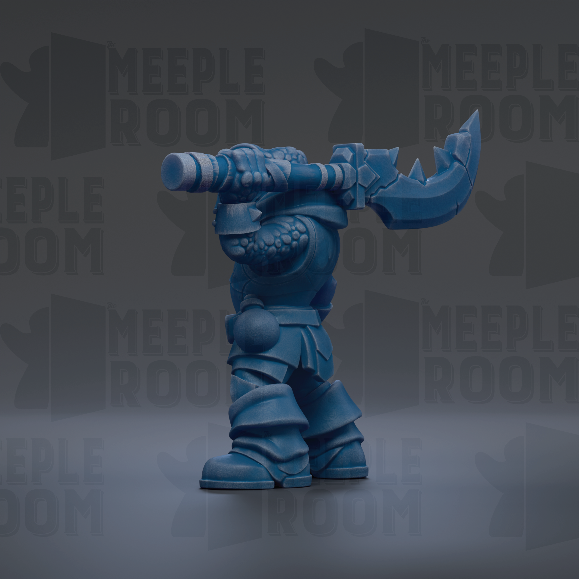 A blue armored figure holding a large weapon, standing against a dark background with repeated text.