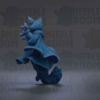 A blue, stylized figure of a cat-like creature with a flowing robe and hat, standing on a gray surface against a dark background with repeated text.